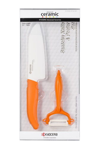 Coffret 'fruits & l&eacute;gumes' (Petit Santoku et &eacute;plucheur) GEN lame blanche manche